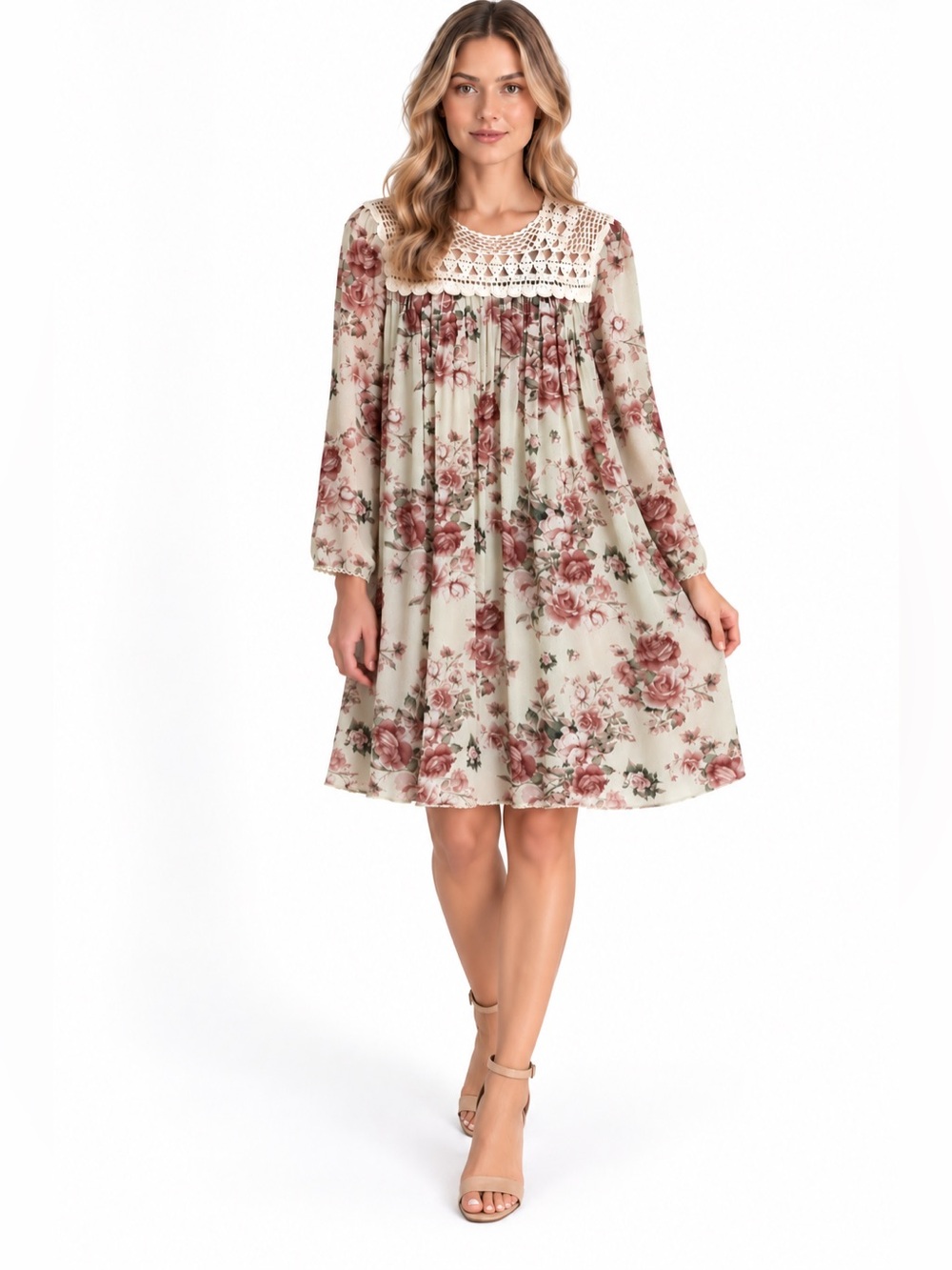 I.Madeline Floral Crochet Lace Tunic Dress Small S Off White Pink Boho Babydoll